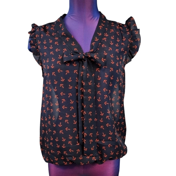 Eyelash Couture Navy & Red Nautical Anchor Sheer Blouse Size Medium - Picture 6 of 6